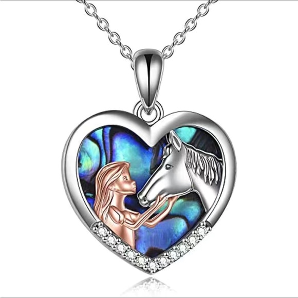 Jewelry - Girl and Horse Heart Shaped Pendent With Chain Silver Tone